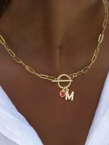 Women's Zirconia Initial Heart Crystal Pendant Necklace, Initial Charm Necklace, Stainless Steel Chain, Casual Style All Season Jewelry, Heart Shaped Necklace