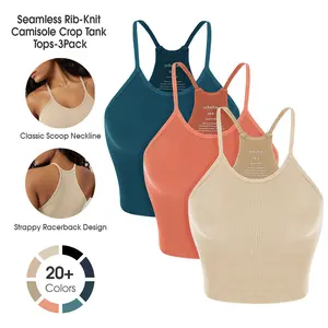 ODODOS Women's Crop 3-Pack Seamless Rib-Knit Camisole Long Crop Tank Tops summerwins