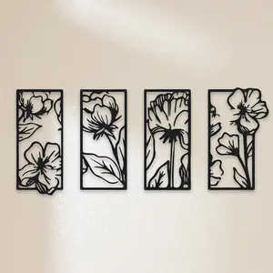 Flower Pattern Metal Line Art, 4 Counts/set Metal Wall Art, Art Wall Decoration, Wall Decor for Home Living Room Bedroom Office