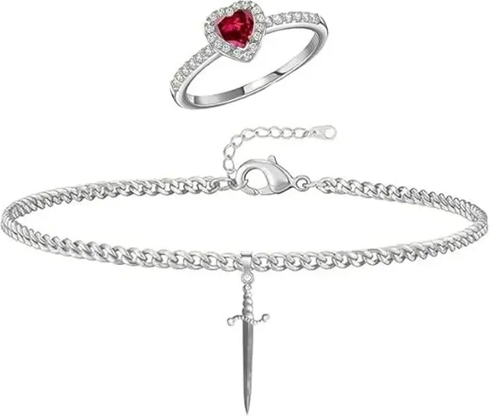 Bracelet set heart shaped ring sword couple gold and silver matching ring and bracelet set sword chain bracelet ruby