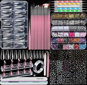 Teenitor Acrylic Nail Kit with Clear Coffin Nail Tips, Nail Charms and Gems, Nail Stickers, Nail Art Brushes, Nail Dotting Tools, Nail Stand, Press On Nails Kit for DIY Nail Art