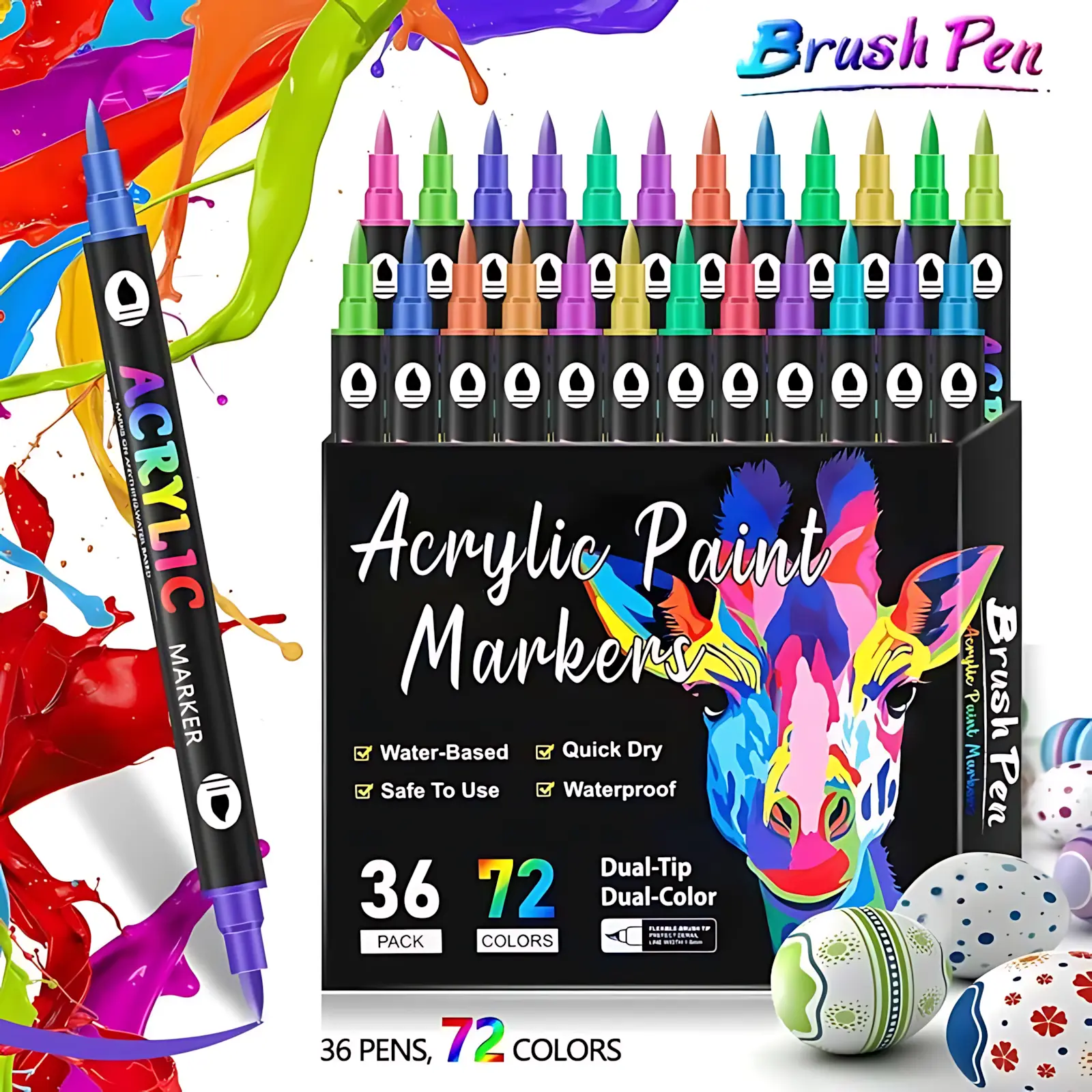 Dual Tip Brush Markers, Dual Color 1–5mm Soft Brush Acrylic Pens, Quick-Dry & Waterproof for Doodle Writing, Nail Art, Canvas Wood Stone Rock Painting, DIY Crafts Art Supplies tip alcohol marker Dual-Tip Marker Pens with Travel Case Multicolor paint