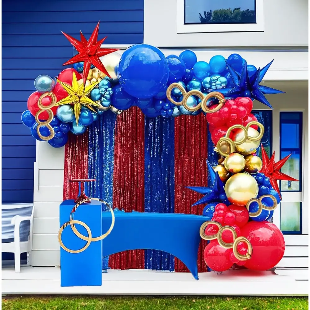130-Piece Red, Blue, Gold Balloon Garland Arch Kit with Chrome Blue Foil Starburst, DIY Long Balloons - Festive Party Supplies for Kid Gamers, Superhero Themed Events, Balloon Garland Arch Set