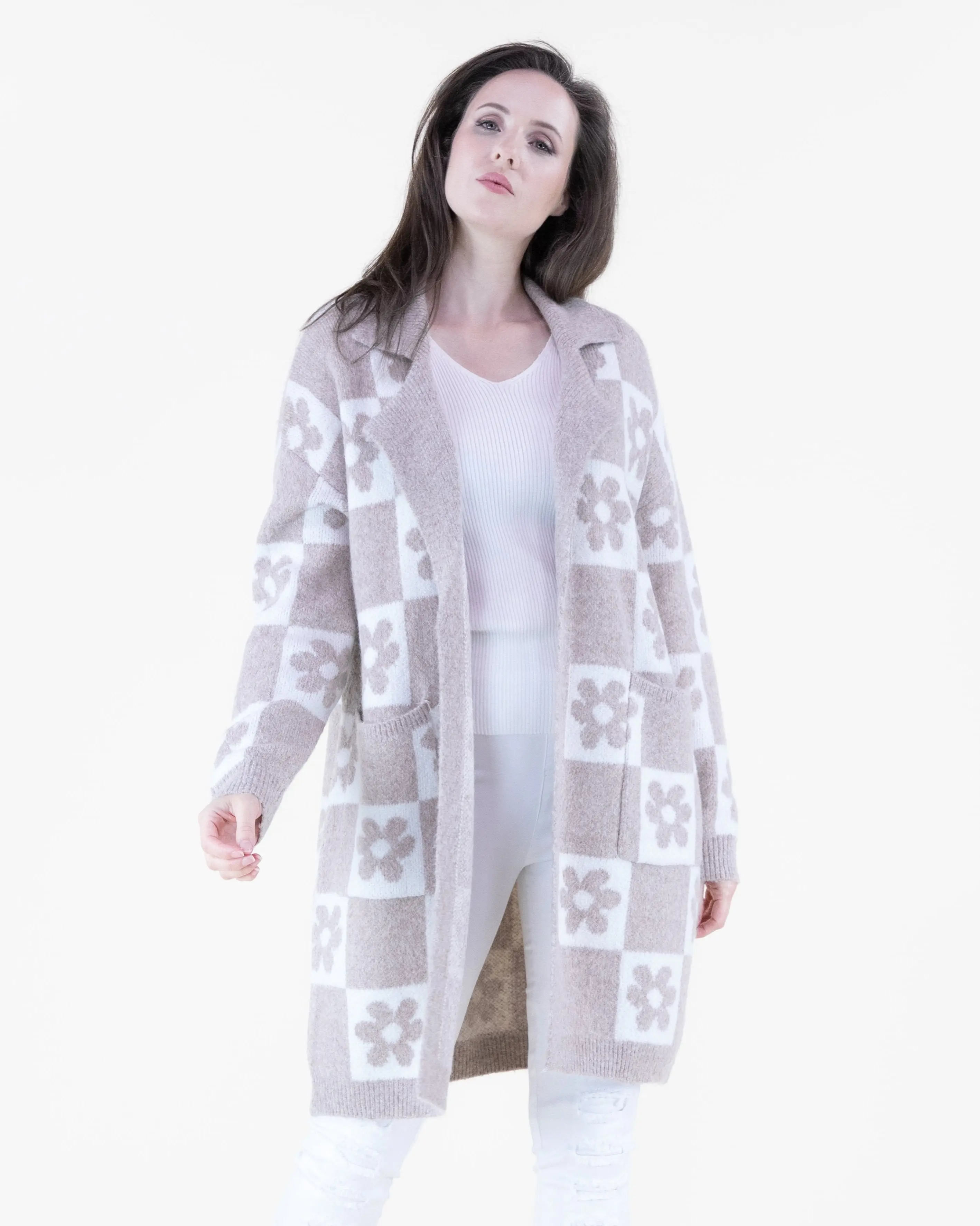 Retro Flower Checkered Open Cardigan