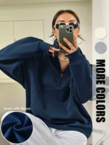 Women's Lapel Drop Shoulder Zipper Half Open Collar Short Fleece Sweater Autumn Winter Solid Color Casual Short Pullover with Adjustable Drawstring Both Fashionable and Warm