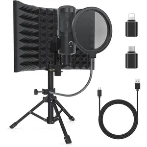 Studio Recording Microphone Isolation Shield with Pop Filter and Metal Tripod Stand, Studio Mic to PC Laptop Smartphone, Music Microphone for Recording Singing Podcasting