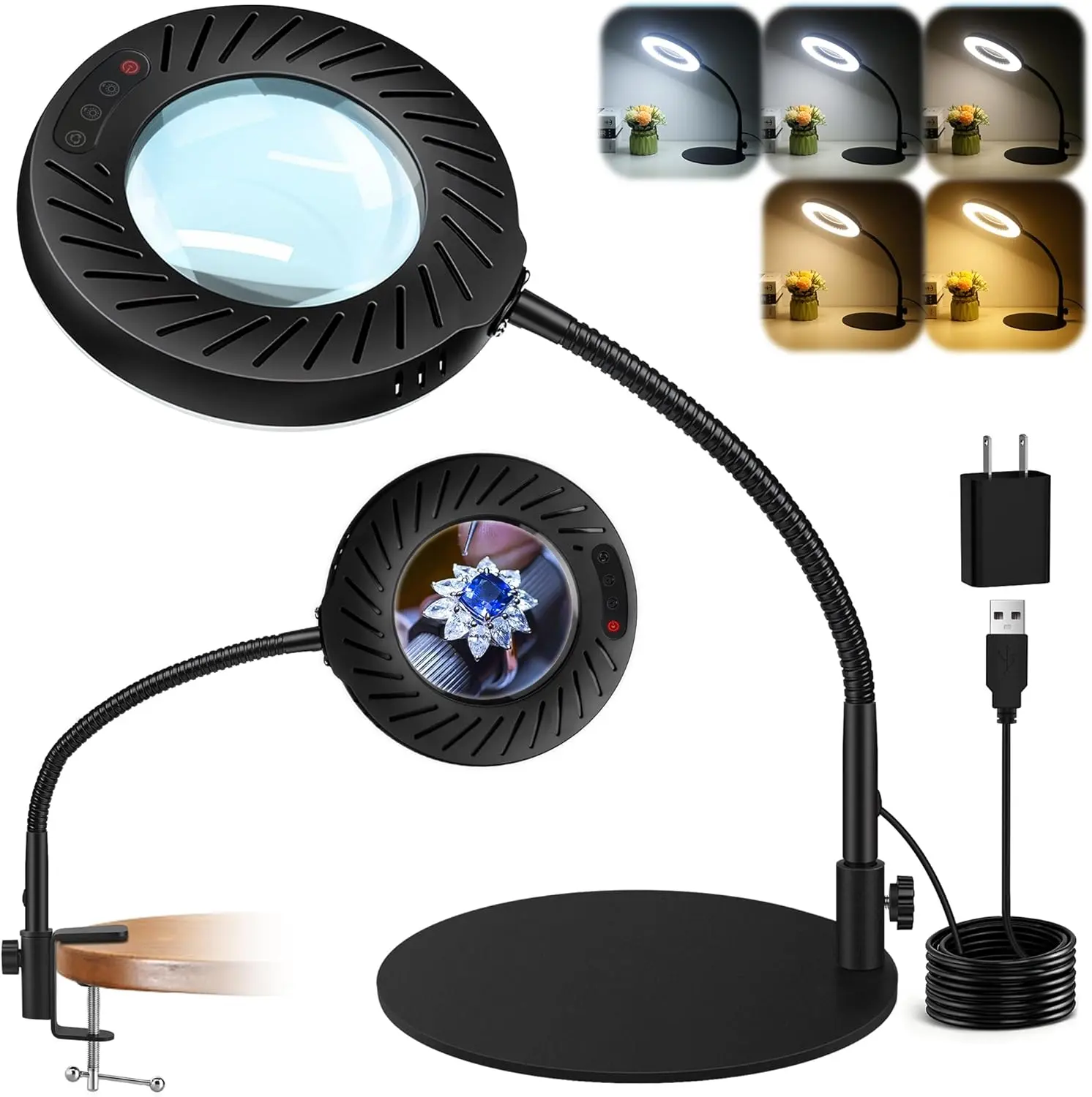 12X Magnifier Lamp with LED Lights, Hands-Free Gooseneck Stand, 5 Color Modes, 9 Dimmable Settings, 2-in-1 Close Work Aid for Crafters