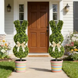 Spring Easter Bunny Greenery Stake - Topiary Rabbit Garden Decor with Champagne Bow, Outdoor Patio Easter & Spring Decoration, Garden Sculptures Statues #GLOBAL PICKS