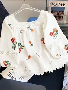 French Countryside Floral Embroidered Top, Blouse, Womenswear, Base with Flowers, Square Neck Lace Trim, Bubble Short Sleeves, Loose Fit Casual Comfy Shirt