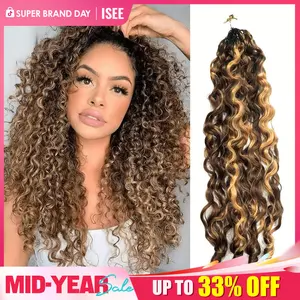 【New Color】ISEE HAIR Crochet Human Hair Burmese Curly Highlight Brown Human Hair Extensions Miracle Knots Pre-Separated 50g/Pack Knotless Boho Braids, 4-5 Packs for Full Head Vacation Hair #Summervibe#ISEECrochetNewArrivals,summerhairstyles