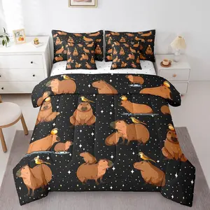Capybara Comforter Bed Set,Kids Child,Cartoon Capybaras Bed Bag,Galaxy Glitter Stars Bedding Set,Farmhouse Rodent Pet Animals Reversible Bed Set