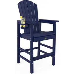 VINGLI Tall Adirondack Chair HDPE Adirondack Bar Stools with Cup Holder 1 PC, Poly Deck Chairs Outdoor Bar Stools, 350LBS (Navy Blue, 1 PCS)