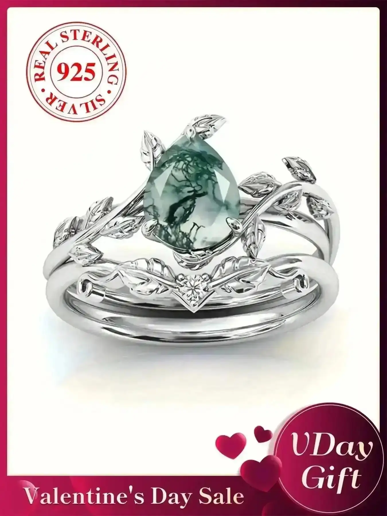 S925 Sterling Silver Natural Grass Agate Ring Set, with Box, Fashion Accessories for Women & Men, Statement Ring, Trendy All-match & Exquisite Jewelry for Birthday Gift, Bridal Engagement Ring, Wedding Engagement Ring