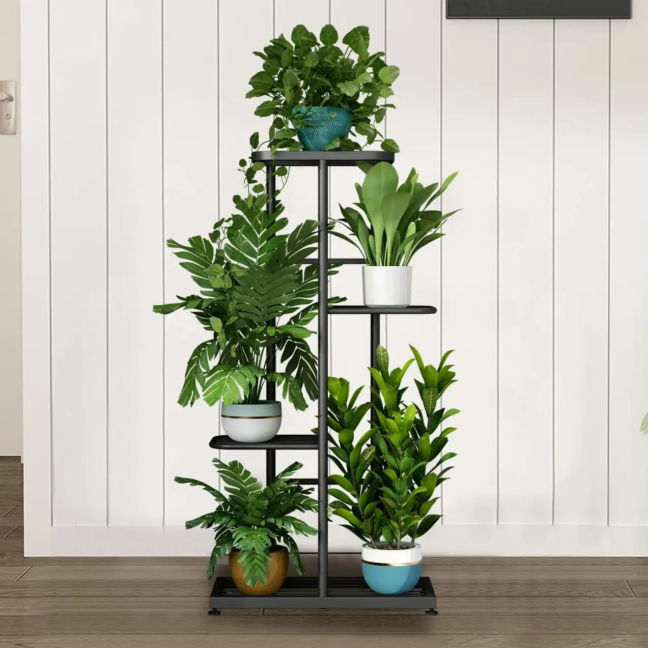Plant Stand Metal 4 Tier 5 Potted Multiple Flower Pot Holder Shelf Indoor Outdoor Planter Display Shelving Organiser Rack Smooth Pad Home Modern