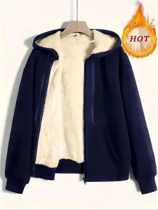 Women's Casual Long Sleeve Zipper Jacket, Fall Winter Fleece Lined Coat, Plain Color Hooded Outerwear, Ladies Fashion Clothing, Womenswear（gift） Adjustable DrawstringGift