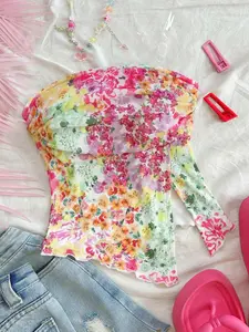 VYNCE Floral Mesh Crop Top Women's Vacation Style Asymmetric Slit Bandeau Pink Boho Chic Summer Top