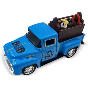 Father’s Day Gift for Dad - Vintage Blue Metal Truck Decor w/ Mini Toolbox & Tools, Farmhouse Tiered Tray Centerpiece, Best Dad Ever Table Sign, Rustic Home Décor, Pull Back Pickup Truck, Happy Father’s Day Collectible Decoration, Unique dad gifts