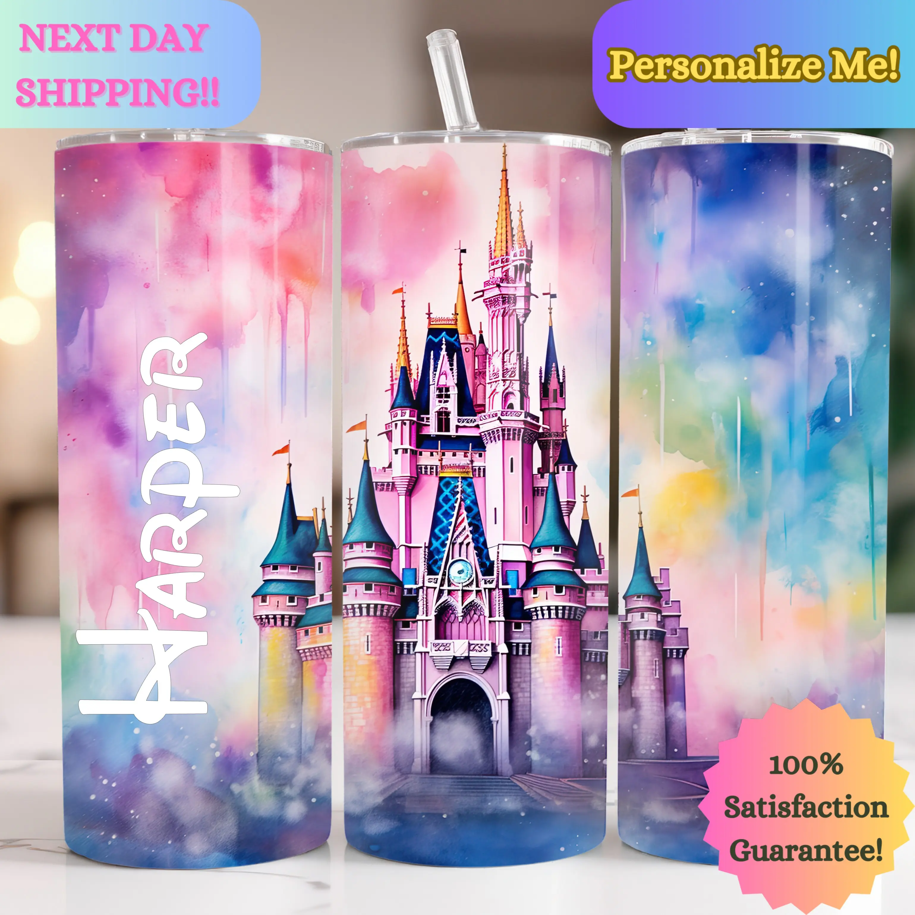 Personalized Magic Princess Castle 20oz Tumbler With Spill Proof Lid & Straw Bottle Drinkware Beverage Stainless Steel Cup