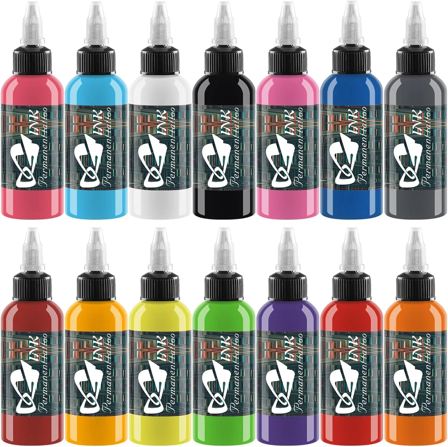 Megahit Pro Artist Temporary Tattoo Ink Set - 14 Vibrant 1oz Assorted Colors, Durable Long-Lasting Pigments, Skin-Safe Formula, Pre-Packaged for Tattoo Artists (Beauty & Personal Care Studio Supplies), Assorted Temporary Tattoos