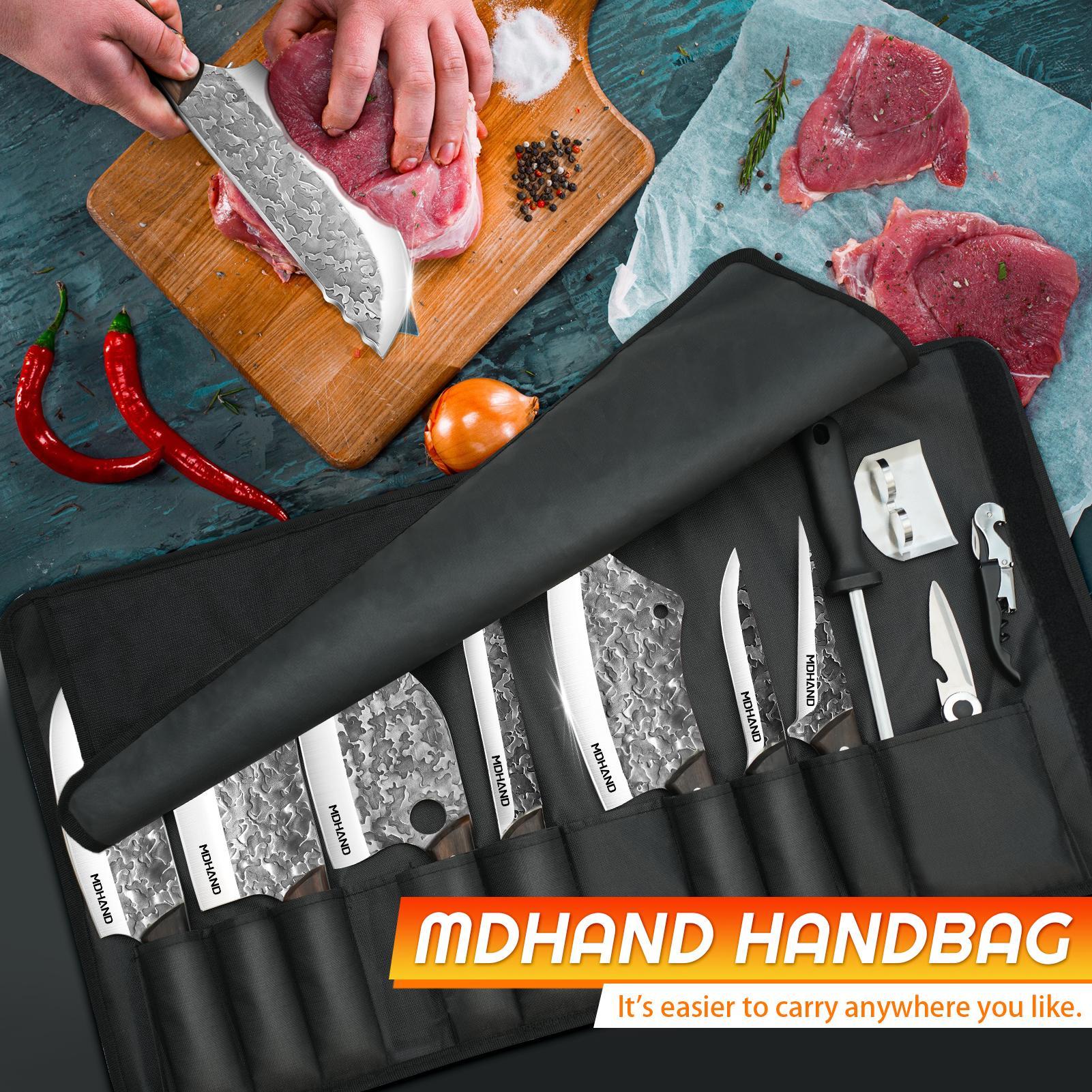 MDHAND Kitchen Knife Set, 14PCS Butcher Cleaver Knife Set High Carbon Steel for Meat Cutting Serbian Chef Knife Viking Boning Cleaver with Sheaths for Kitchen Outdoor BBQ Camping