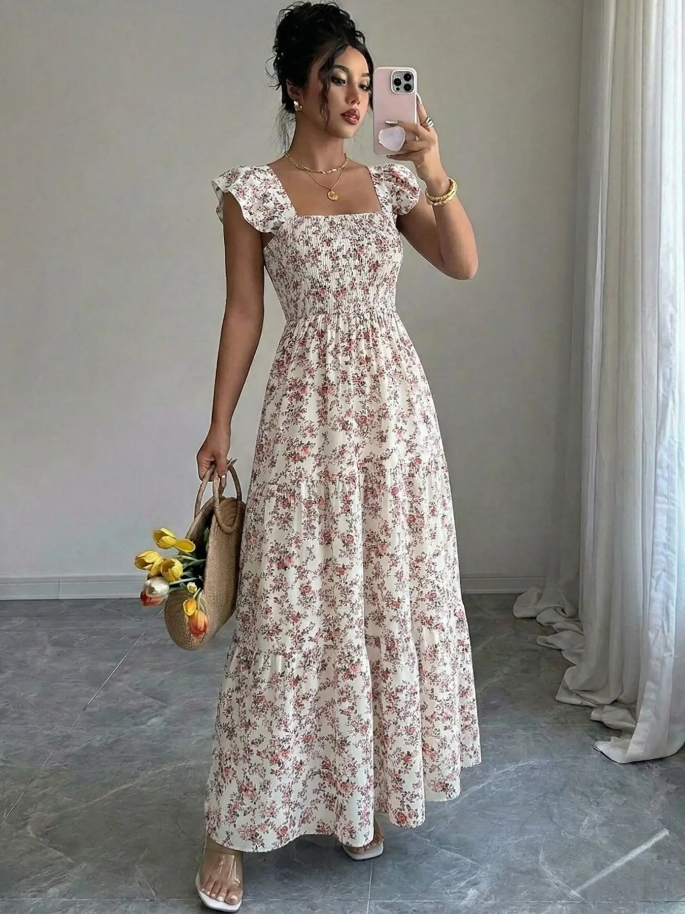 Women's Summer Square-Neck Backless Midi Dress with Tiered Ruffle Trim, Boho Casual Ditsy Floral Print Gathered Waist Dress for Daily Wear, Bohemian