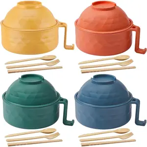 4 Sets Microwave Ramen Cooker Set 33 oz Quick Ramen Bowl Set Microwave Noodle Cooker with Handle Noodle Bowl with Spoon Chopsticks Fork College Dorm Room(Multicolor)