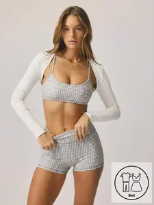 LUSHY x Aralina Leisurewear Plaid Gingham Printed Cropped Cami Top And High Waisted Short Two Pieces Active Gym Workout Set, Summer Beach Vacation