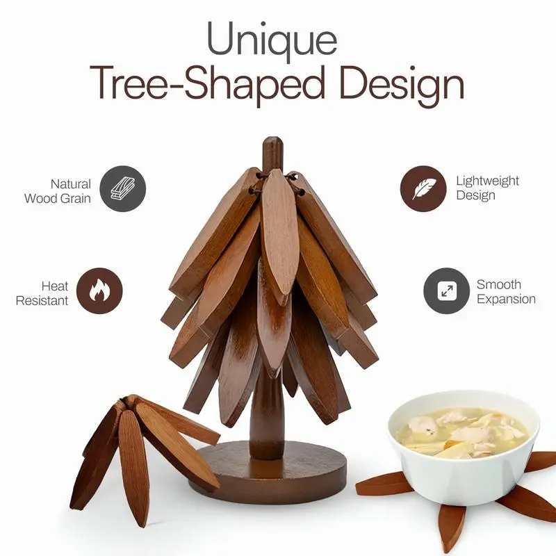 Tree Shape Natural Wood Trivet Set - 4 Trivets & 1 Stand, Heat-Resistant Foldable, Durable Solid Wood, Ideal for Hot Dishes & Pots, Kitchen Tableware Coasters, Walnut, Gift Idea