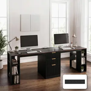 NORTHSKY 96.5" Double Desk for Two Person, Fluted Modern Computer Desk Desk with 3 Drawers & Storage Shelves, Extra Long Dual Workstation for Home Office, Black