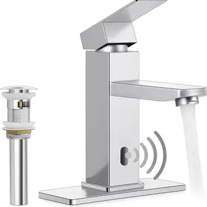 Homikit Touchless Bathroom Sink Faucet with Pop Up Drain & Deck Plate, Stainless Steel Automatic Motion Sensor Bathroom Faucets, Sensor Vanity RV Lavatory Faucet with Single Handle, Brush Nickel