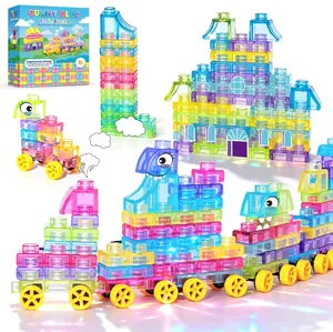 JoySpot Soft Train Jelly Blocks with Wheels, 42 PCS Montessori Sensory Stacky Building Blocks, Toddler Learning Toy with Station, Squeezable, Stretchable & Stackable Tactile Toys, Preschool Creative Play for Kids