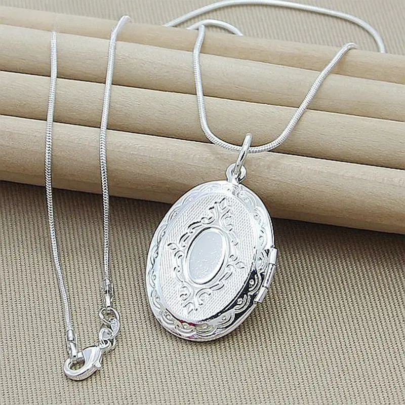Silver Chain Necklace 925 Silver jewelry Round Photo Locket Pendant Necklace Charms Necklaces Snake Chain N313