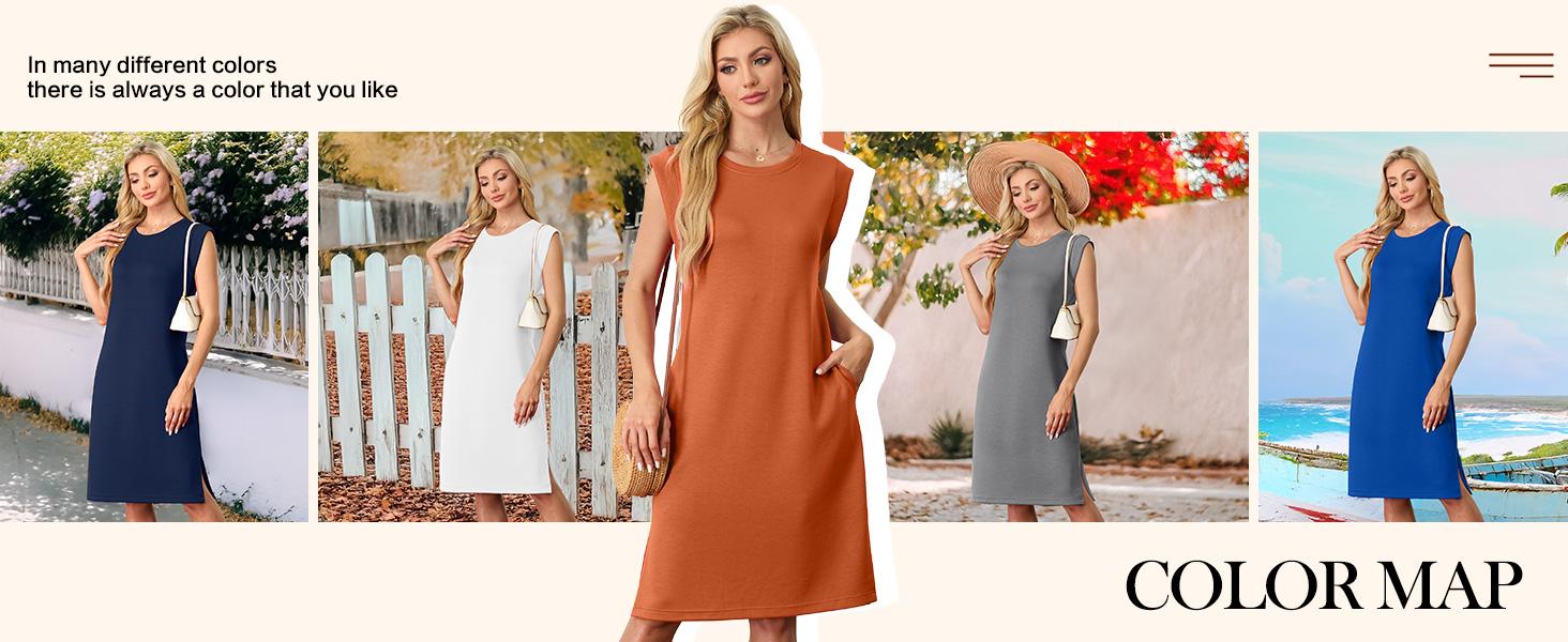 GRECERELLE Women Summer 2026 Round Neck Casual Loose Split Wrinkle-Free Beach Travel Vacation Midi Dress with Pockets