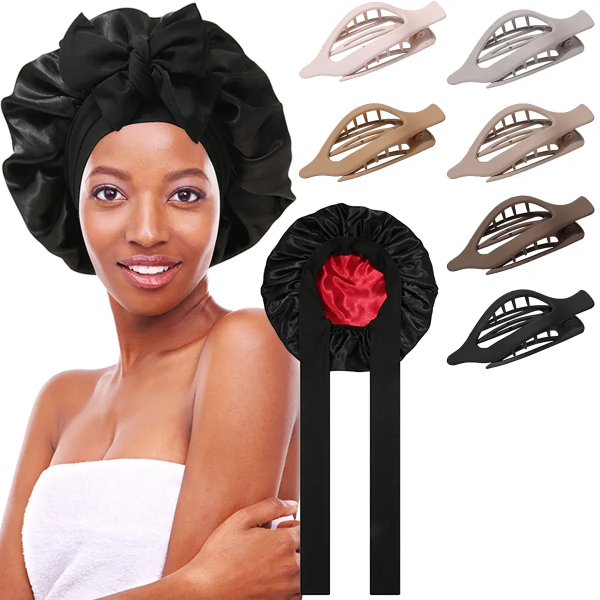 AWAYTR Hair Bonnet and Clips Set for Women, Reversible Double-Layer Polyester Satin Cap for Sleeping, Moisturizing Haircare & Frizz Control with 6 Flat Multi-Tooth Styling Clips, Bonnet+Hair Clips Set