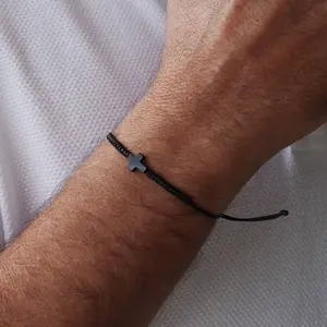 Natural Hematite Cross Charm Black Wax Cord Rope Simple Healing Protection Women Men Bracelet Anklet