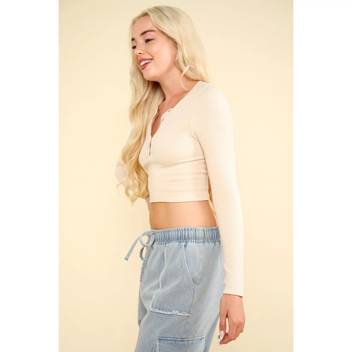Women's Very J Fitted Cropped Henley V-Neck Knit Top - Long Sleeve, Short Length, Cropped Cut, Breathable Fabric, Premium Knitwear, Comfy Casual Vibe, Stylish Basic, Versatile Everyday 1-Piece