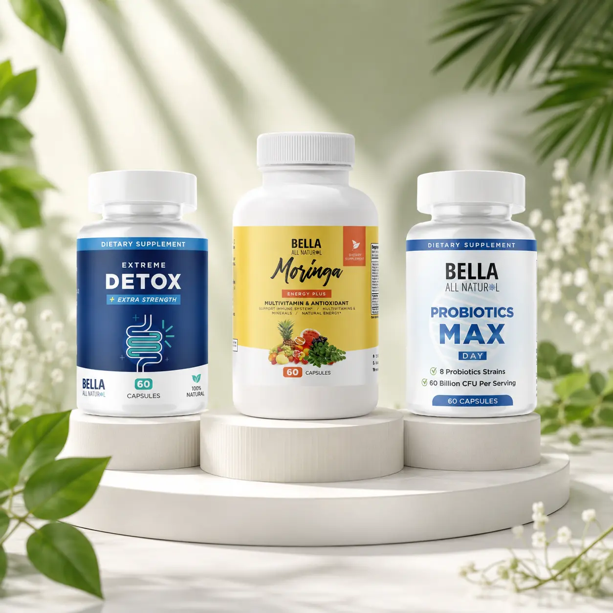 Bella All Natural Daily Gut & Energy Bundle: Extreme Detox Capsules + Moringa Energy Plus + Probiotics Max Day