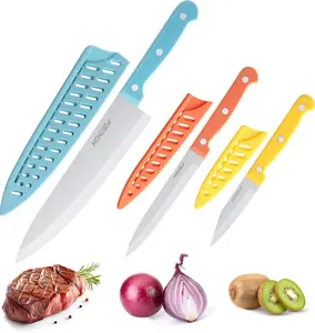 3PCS Kitchen Knife, Stainless Steel Chef Knife Set, Ultra Sharp Knives with Plastic Handle (Blue, Orange, Yellow)