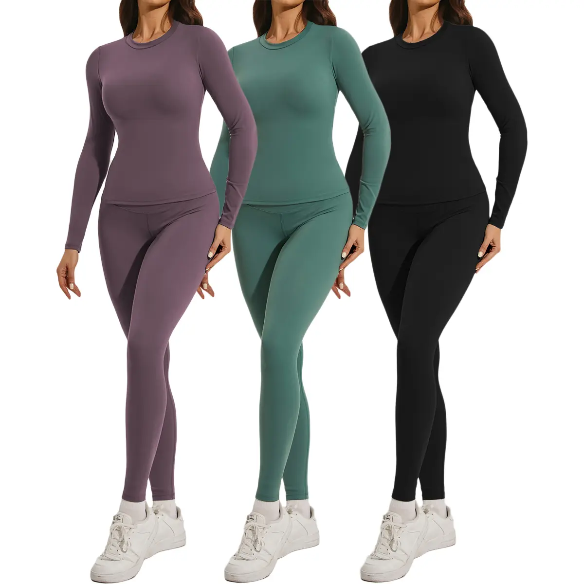 Women's 2-Piece Brushed Long-Sleeve & High-Waist Leggings Workout Jumpsuit, 4-Way Stretch Waist-Shaping Sports Outfits, Stylish Activewear with Compression, Machine Washable Easy Care Yoga to Gym Ensemble