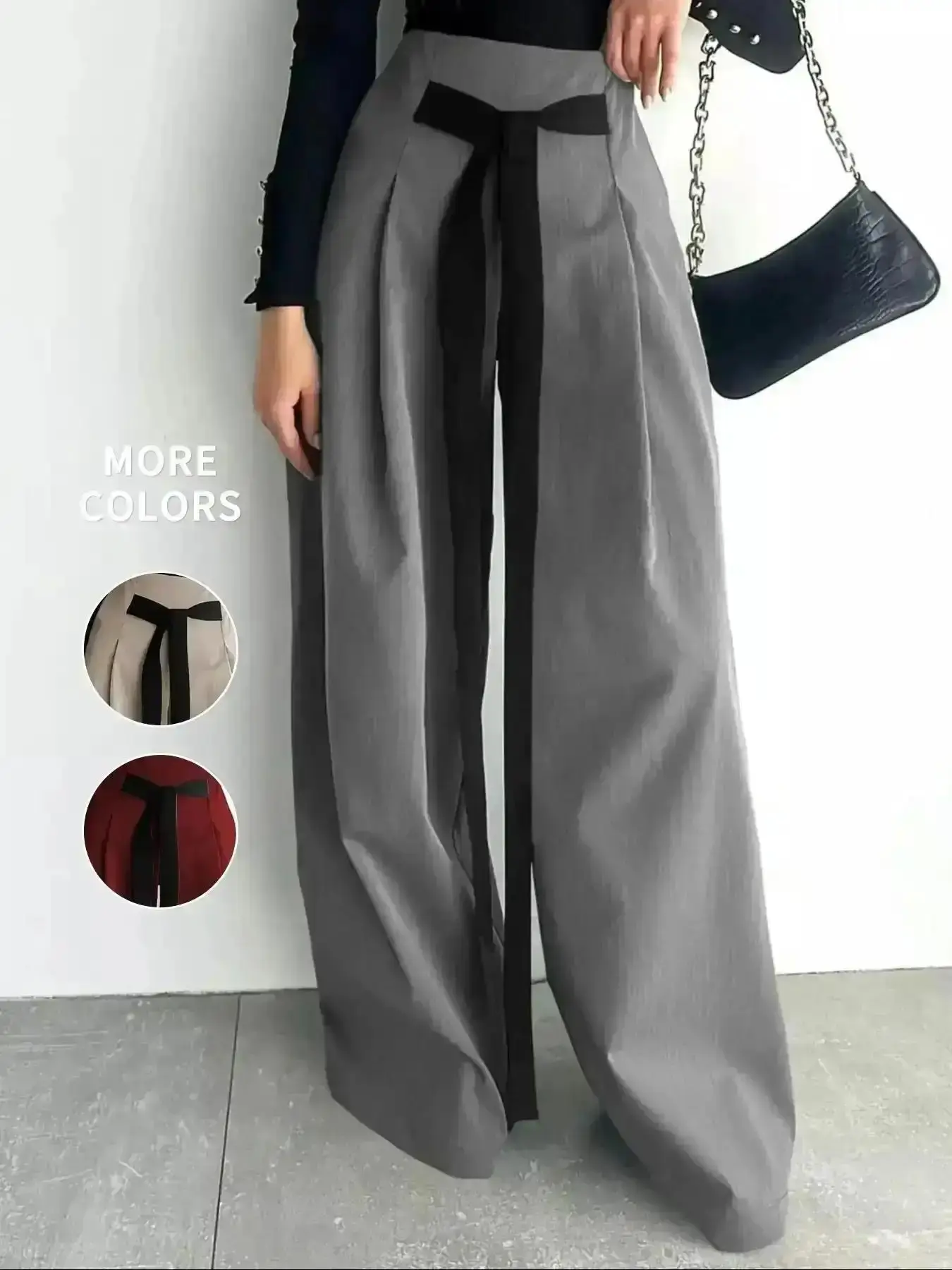 2026 Women's Colorblock Tie Front Plicated Wide-Leg Pants, Casual Comfy Trousers for Work Office Business, Ladies Bottoms for All Seasons, Versatile Style, Workout Clothes, Comfortable Wear, Stretch Fabric