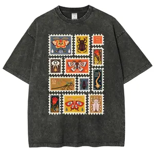 Retro "Bug Stamp Collection" Insect Art Graphic T-Shirt - Vintage Washed Heavyweight Stone Wash Oversized Tee, Gender Neutral, Perfect For Gifts & Summer