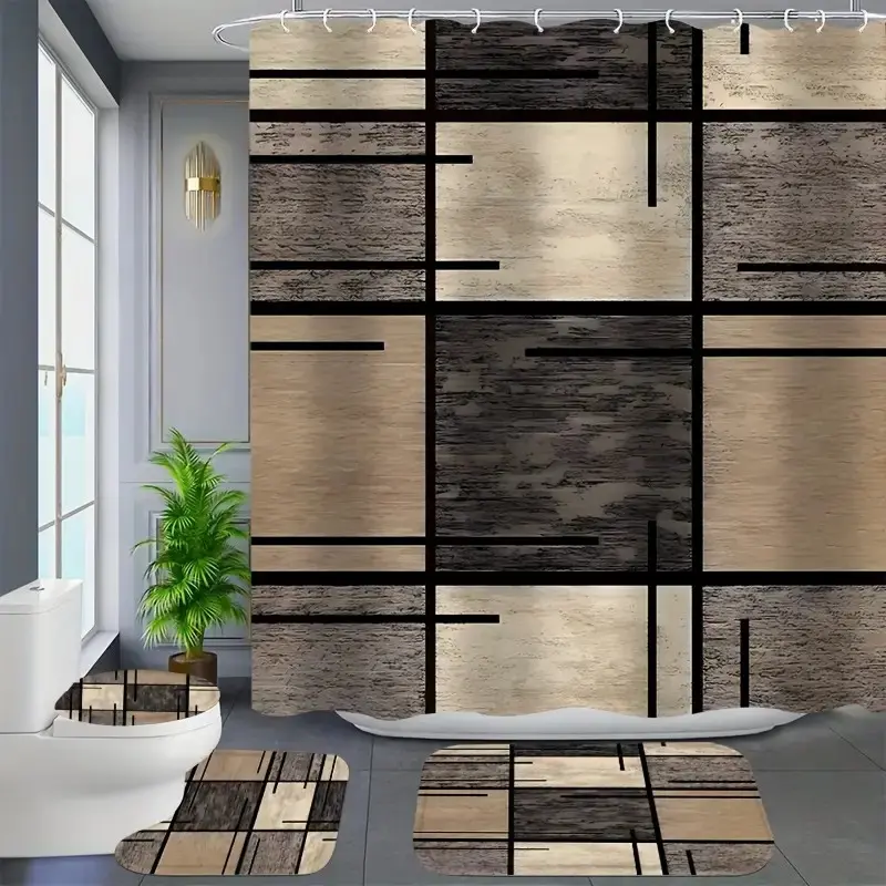 1/4pcs simple geometric pattern design shower curtain set, Modern bathroom decor, non-slip floor mat, U-shaped carpet, toilet cover, perfect for bathroom decoration accessories, partition, free 12 shower curtain hooks