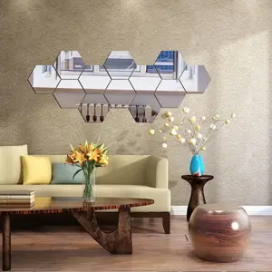 12 Pieces Set Silver Color Acrylic Mirror Wall Stickers, Hexagonal Self-Adhesive Geometric Art Decor, for Bedroom Living Room Office Kitchen, Versatile Use, Reflective