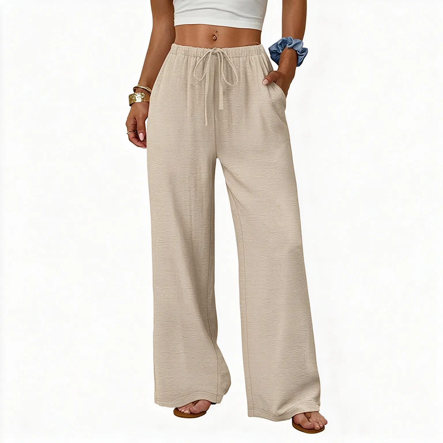 Women's Wide Leg Baggy Bottoms - Basic Comfortable Loose Drawstring Elastic Waist Trousers with Pockets for Summer Beach Vacation