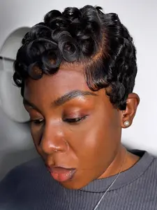 Women's Brazilian Virgin Hair Pixie Cut Wig, Natural Color Curly Wave, Loose Puffy Texture, 4 Inch Density, Perfect for Parties and Casual Wear, Human Curly Wig