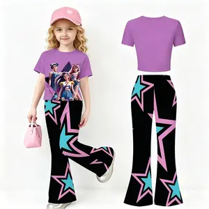 Girls' K-Pop Demon Hunters Kids Girls 2 Piece Outfit,Milk Silk Acrylic etic wool Casual Sporty Short Sleeve,Trendy Summer Streetwear Clothes for Little Big Girls, Fashion Kpop Fan Costume Daily Casual Party Performance Matching Suit Gift