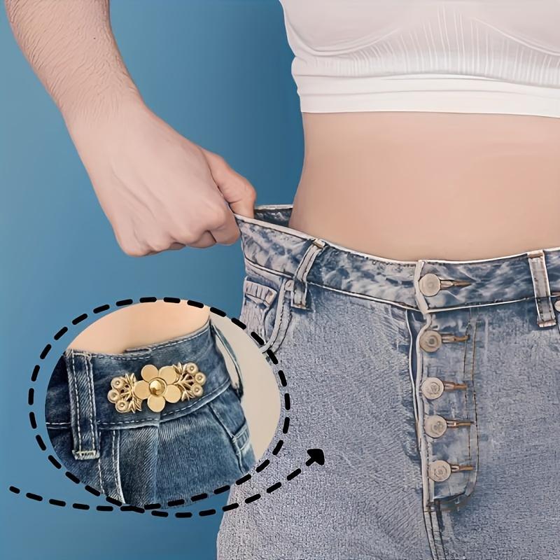 4-Pack Golden Floral Adjustable Waistband Tightener, Snap-On Jeans Button Pins, Metal Waist Reducer, No Sew Instant Fit Denim Flower Clasp