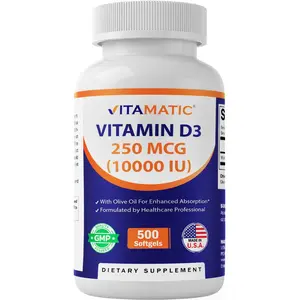 Vitamatic Edible Healthcare Dietary Immune Gelatin Vitamin D3 Multi-Ingredient Supplements - 10000 IU (250 mcg), 500 Cold-Pressed Mini Olive Oil-Based Softgels, Non-GMO, Gluten-Free, Energy-Boosting