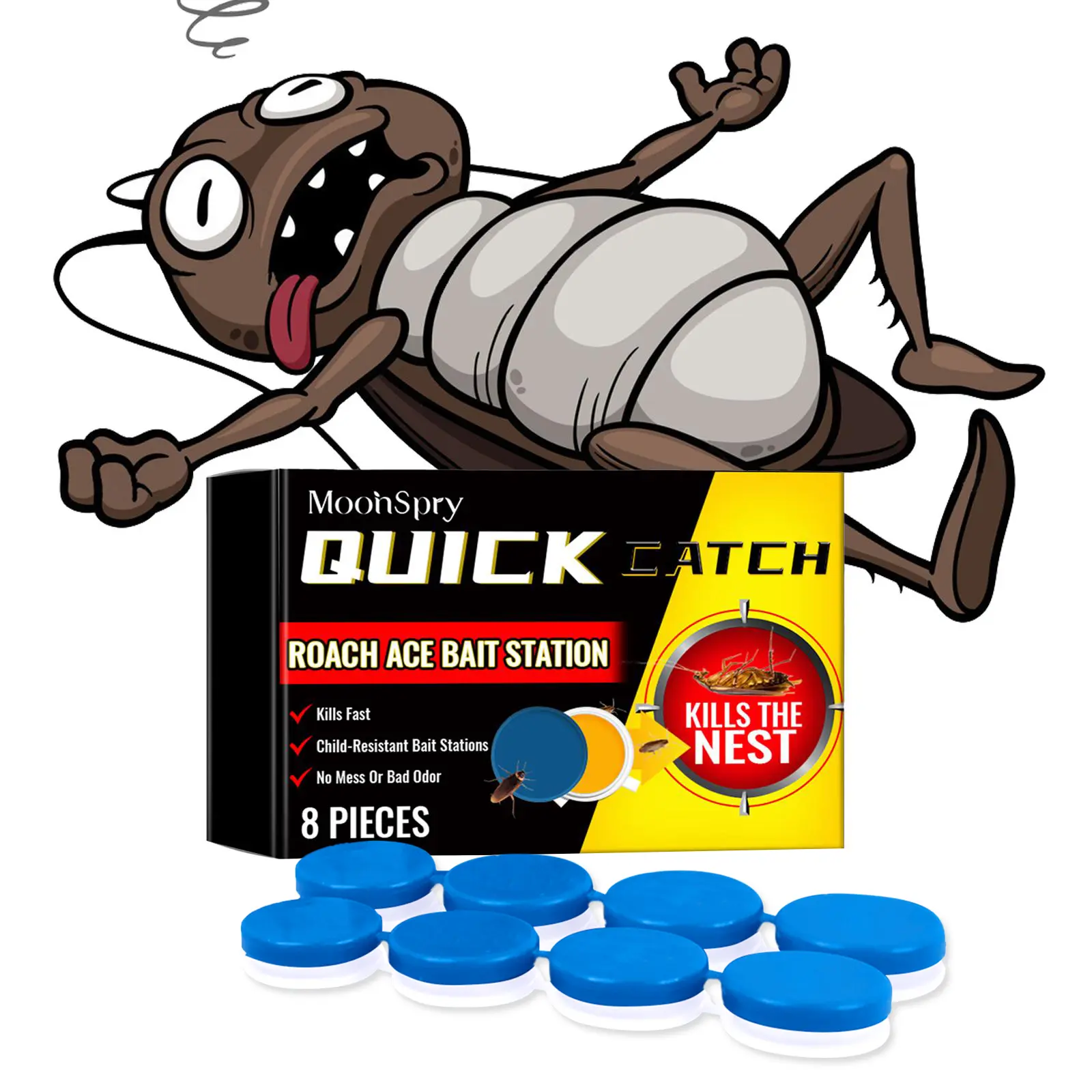 Cockroach Bait Station for Efficient Trapping, Cockroach Control and Total Elimination, Cockroach Exterminator, Cockroach Killer, Safe Non-Toxic for Home Use, Easy to Operate with 8 Packs