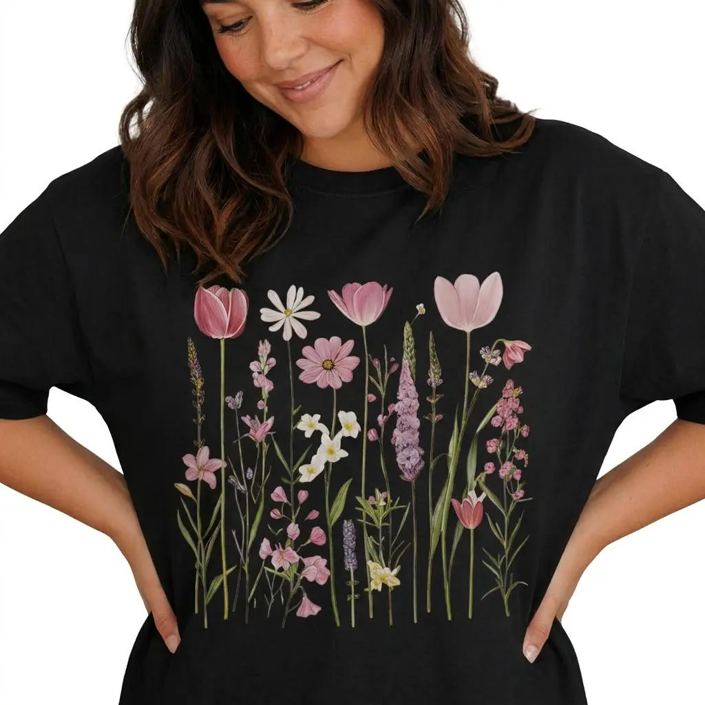 Vintage Wildflower Graphic Tee Women Botanical Floral Shirt Plus Size Cottagecore Top